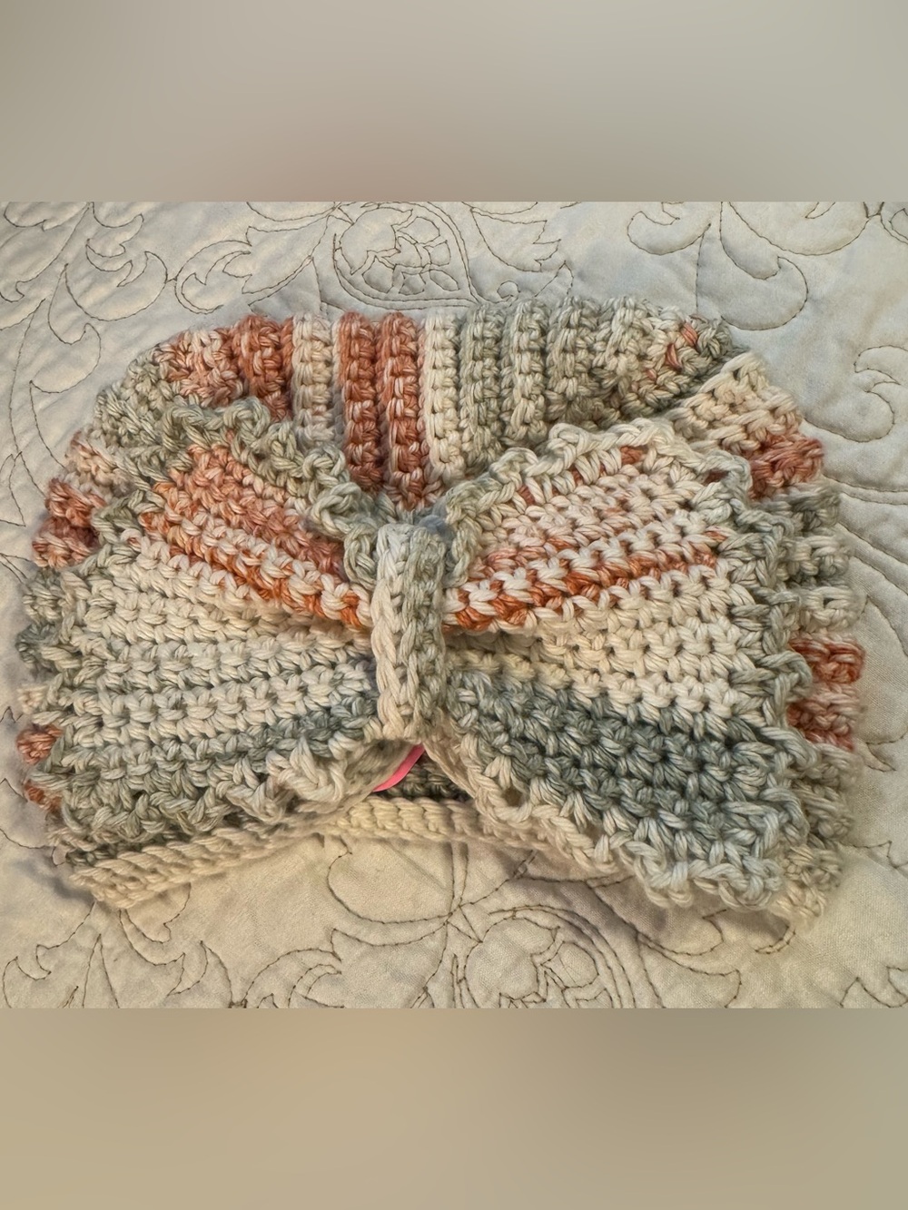 Baby Handmade Crochet Bow Headband in Cream, Green and deep orange tones
